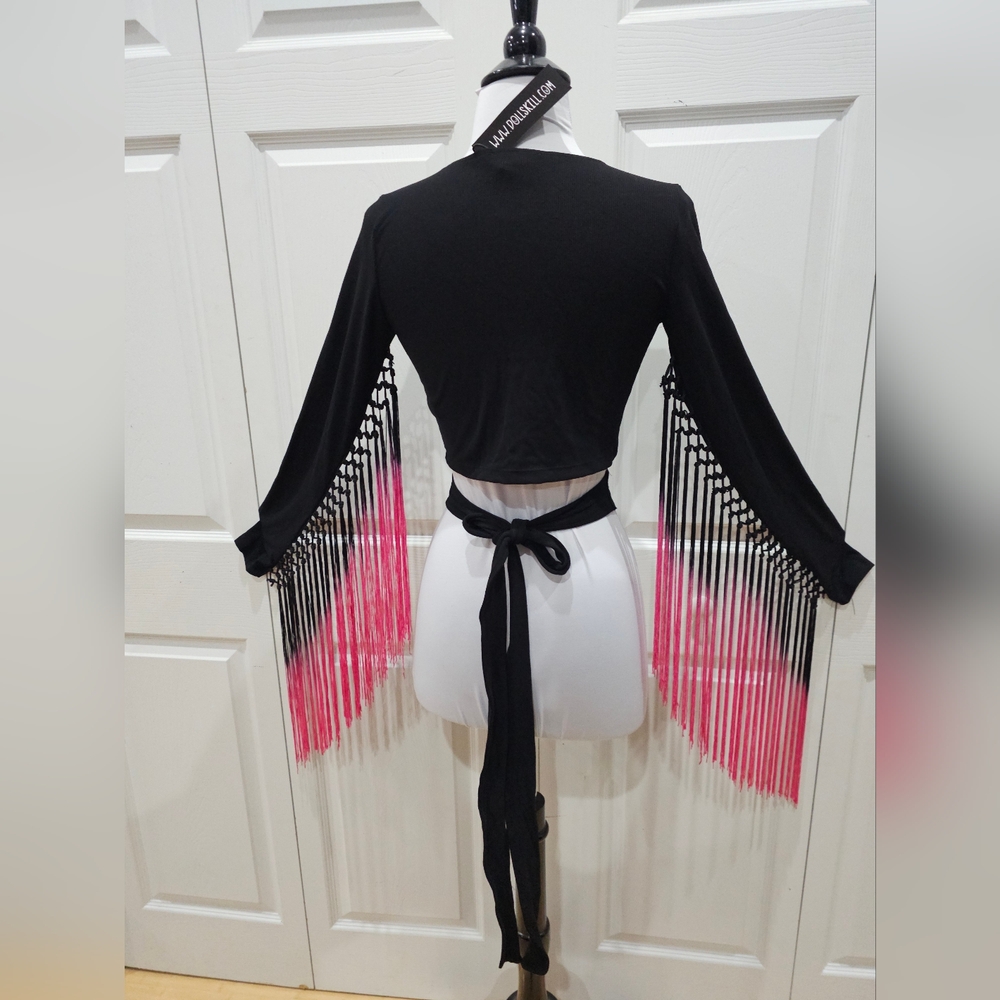 ~SOLD~ Dolls Kill Current Mood Black Pink Whirlwind Romancer Fringe Wrap Top S - Picture 7 of 7